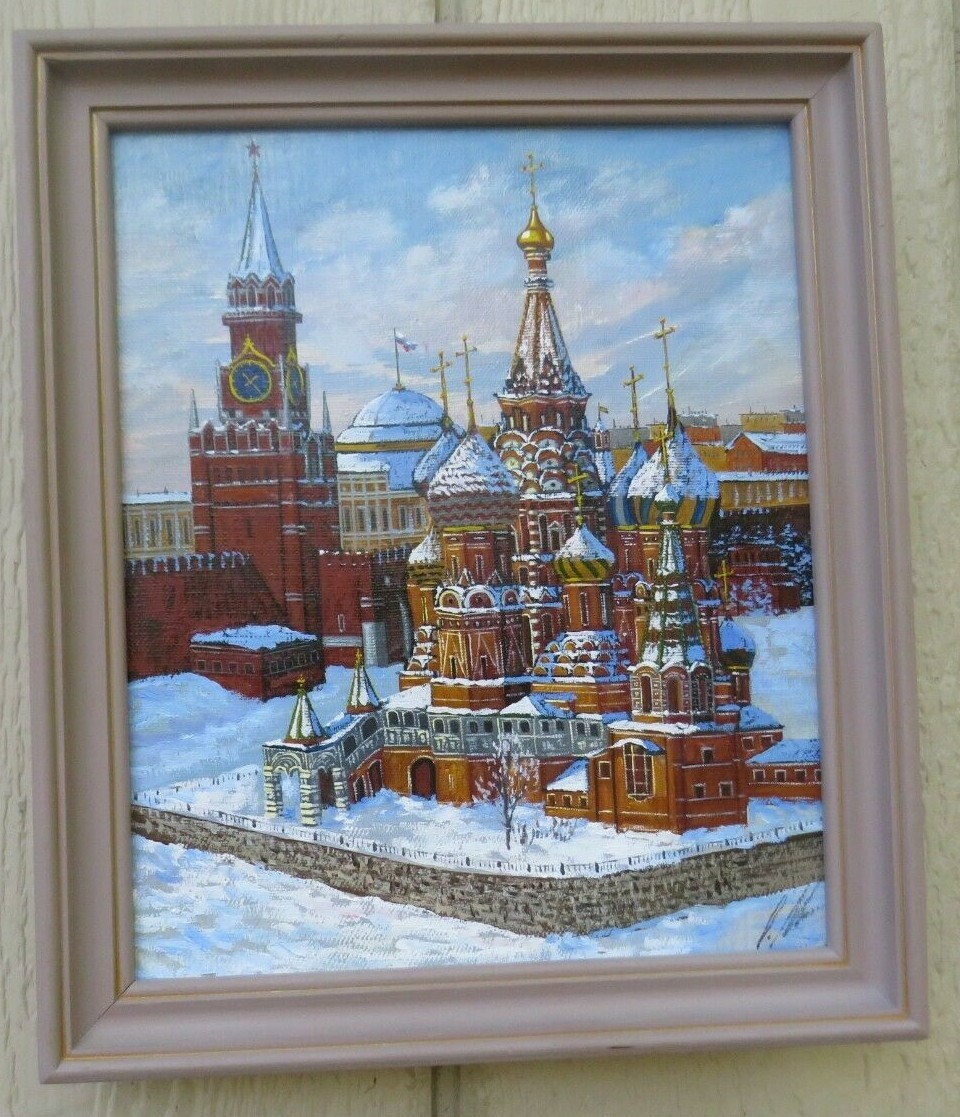 OIL ON CANVAS PAINTING OF ST. BASILS CATHEDRAL AND SPASSKAYA CLOCK TOWER MOSCOW