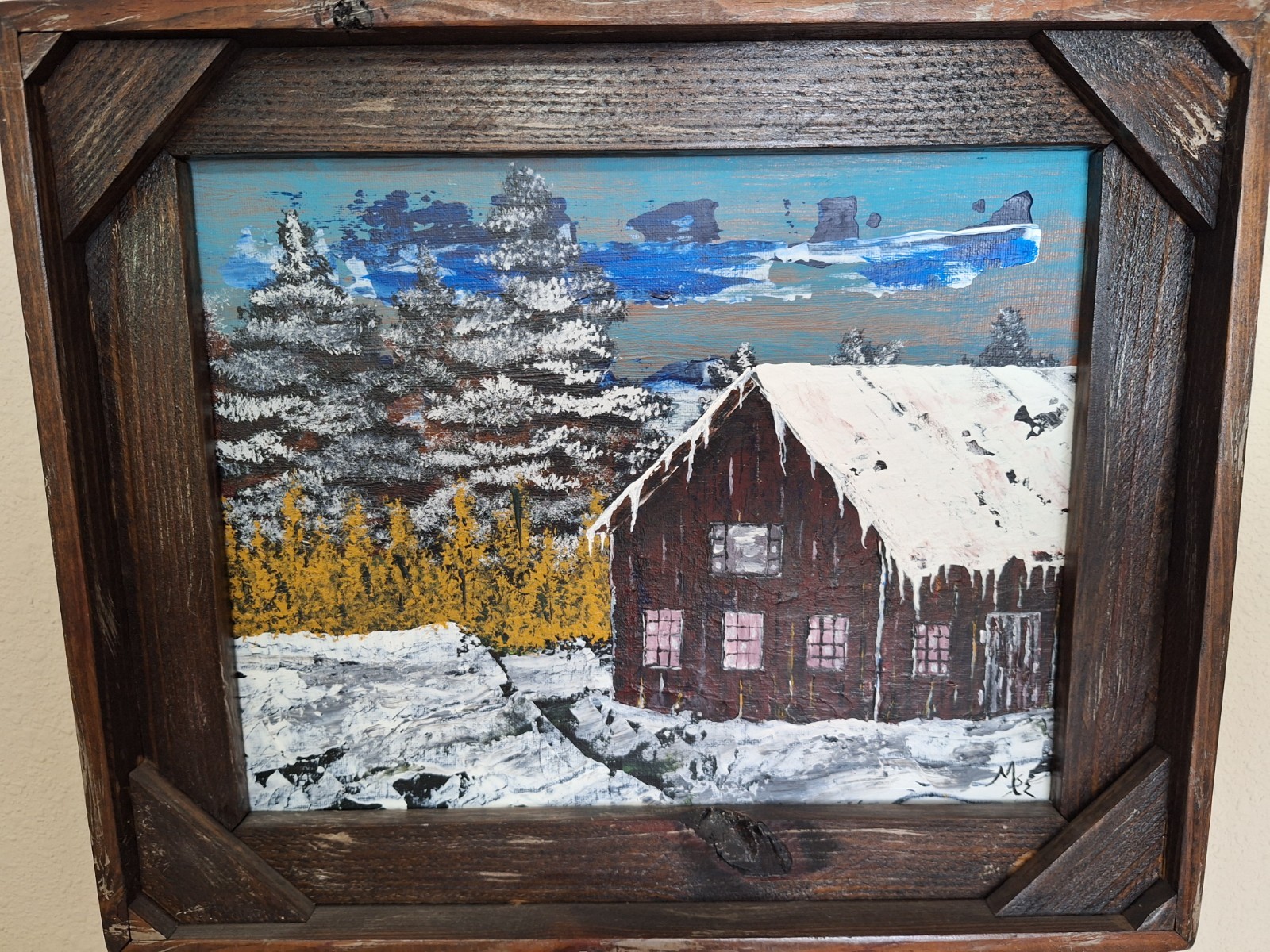 «Snowy Cabin in the Woods» Acrylic Painting with Reclaimed Wood Frame