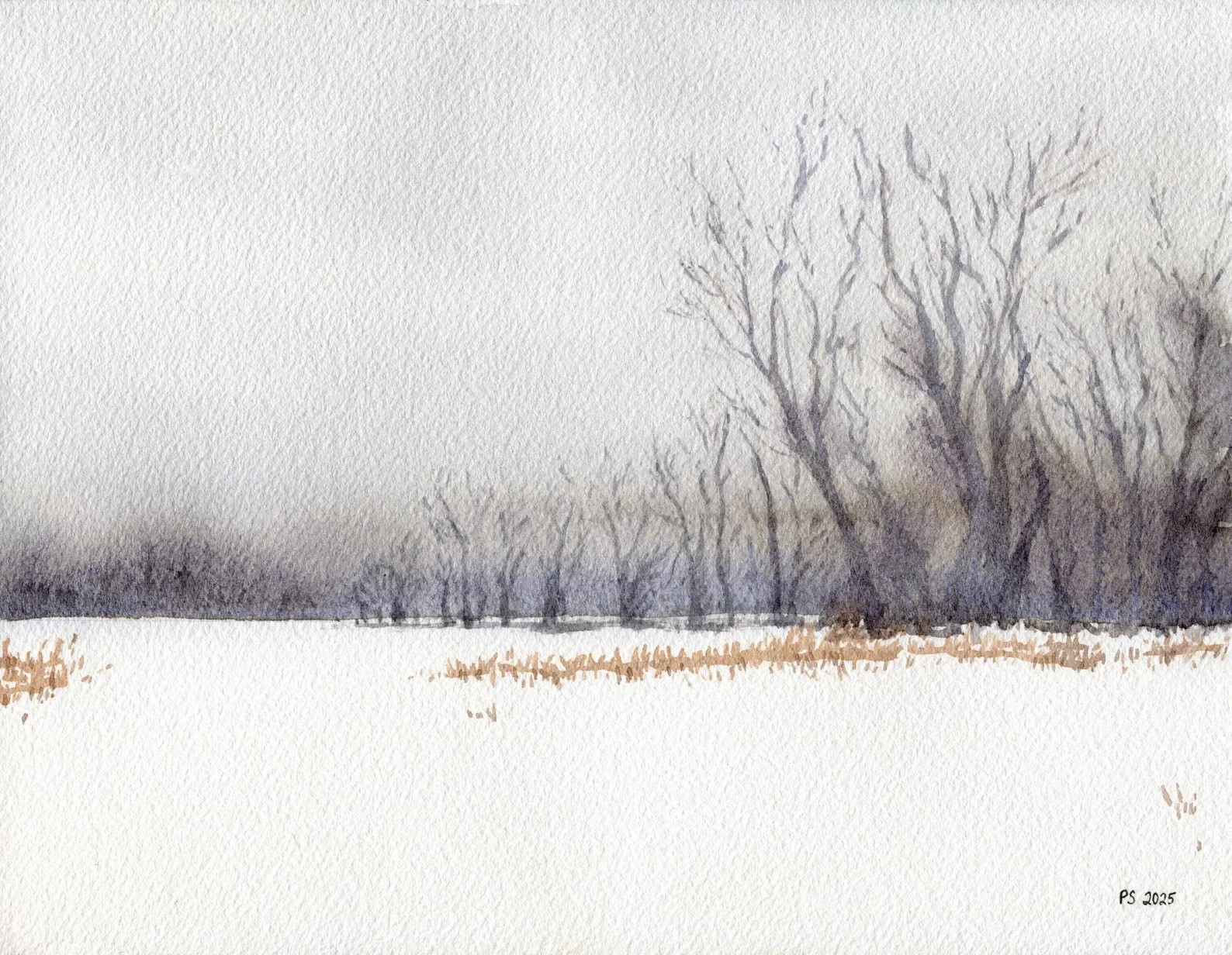 Original Minimalist Winter Landscape Watercolor Painting Snow Trees 10.25×8