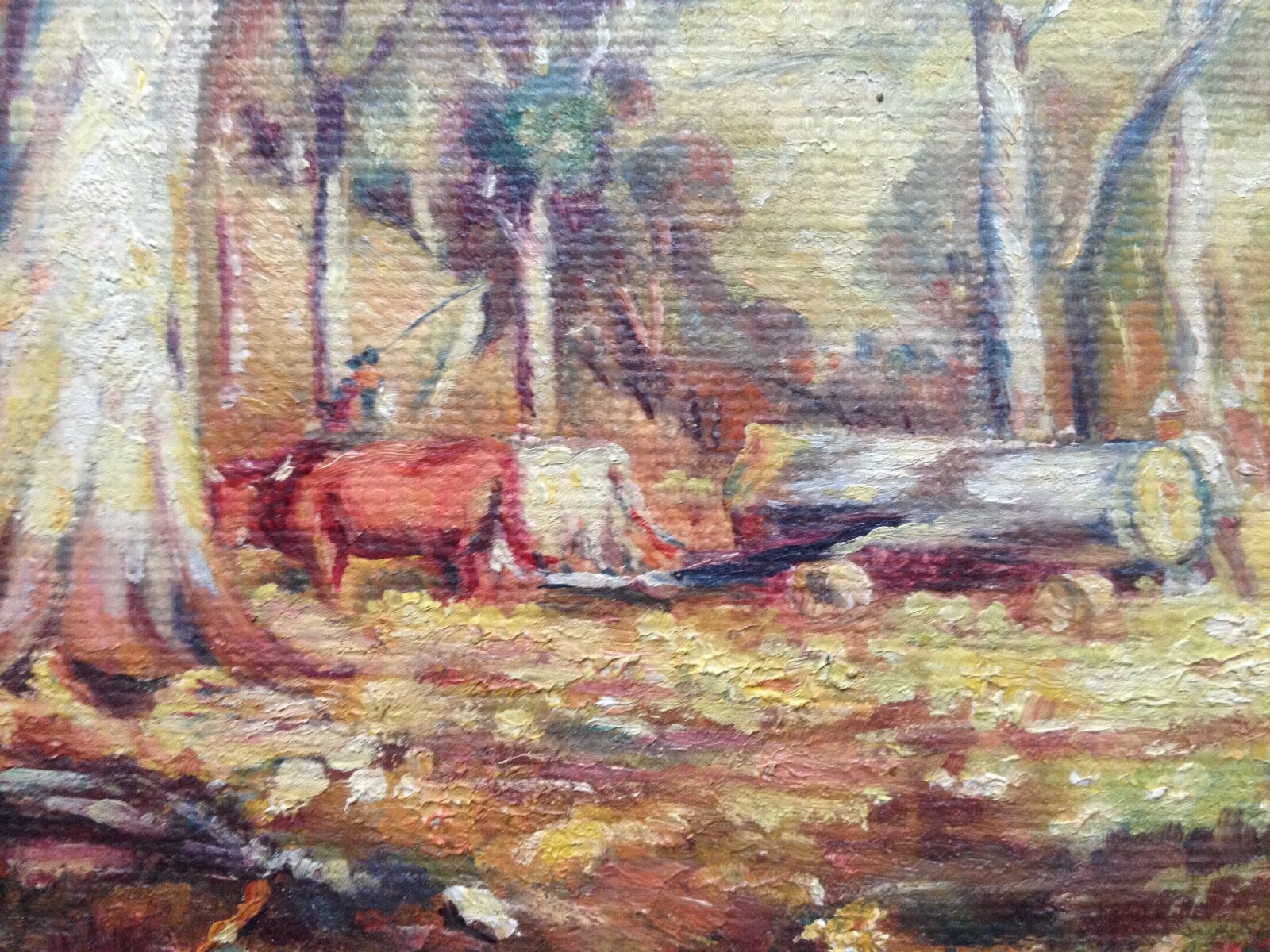 Timber Transport Forest Work Horses Carriage Lumberjack Oil Painting Antik Trees