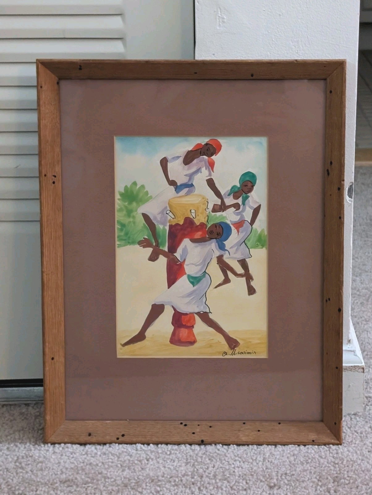 Vintage Original O.M. Casimin Jamaican 12¾»x16¼» Folk Art Watercolor Painting