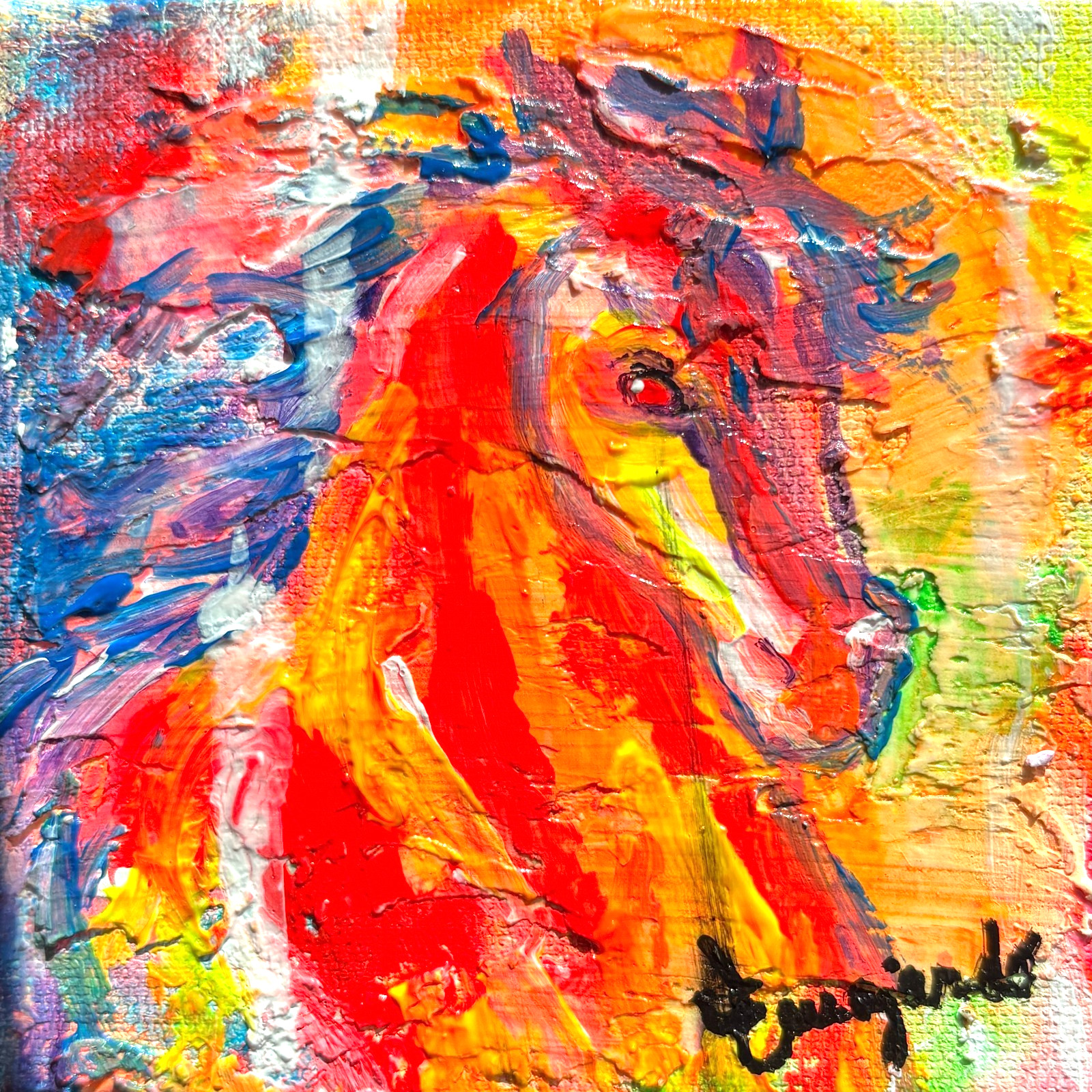 Guajardo Original Art: Fire Horse 4X4 Canvas Signed Home Decor