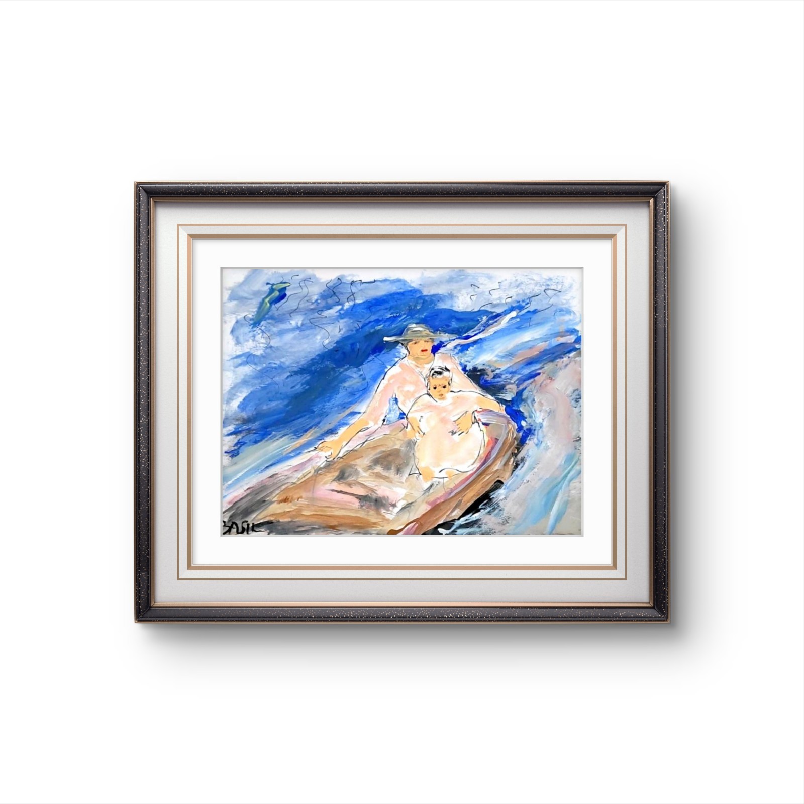 Mother and Child in Boat Original Acrylic Painting 9×12 Figurative