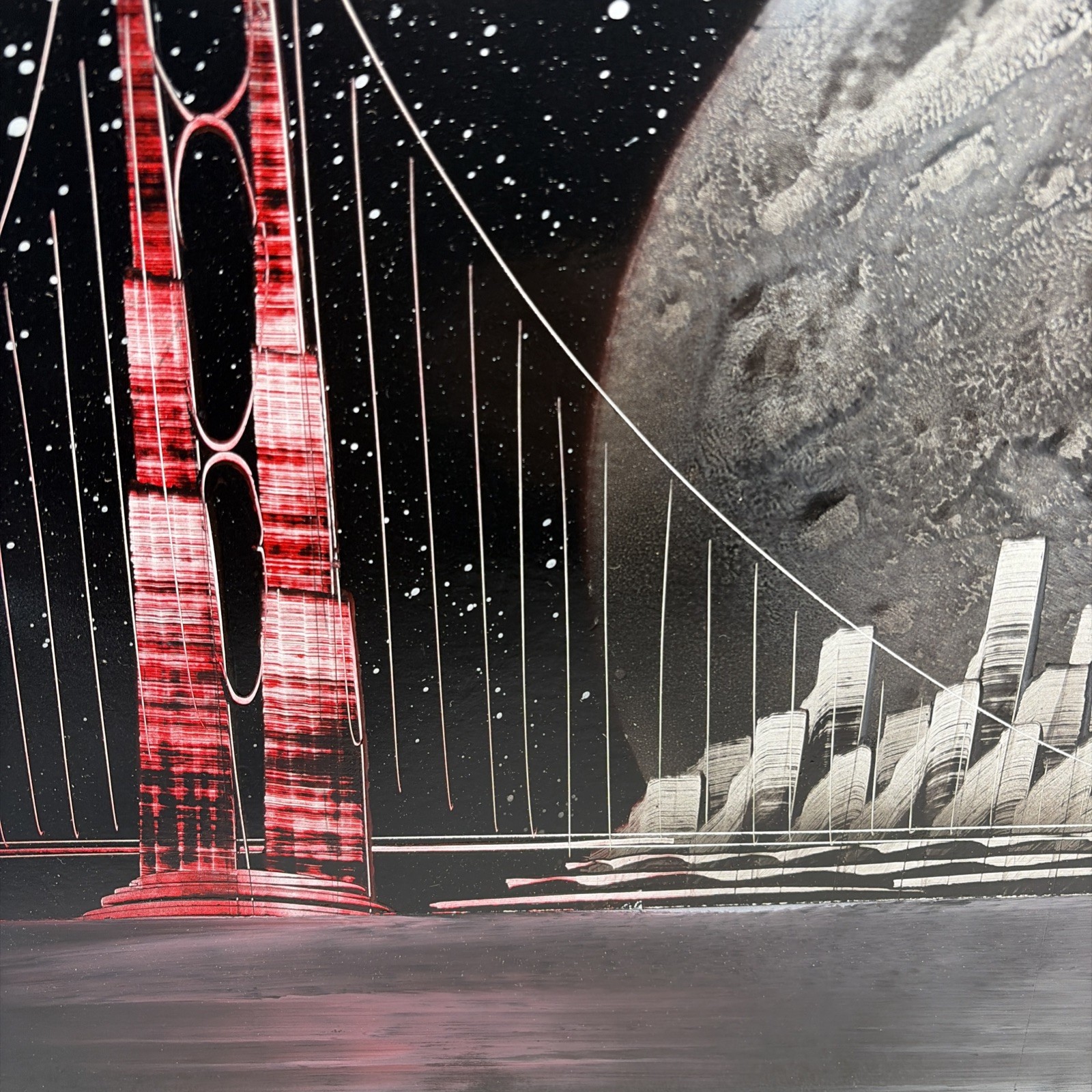 Original Spray Paint Art Painting Outer Space Sci-fi Planets Bridge Lighthouse