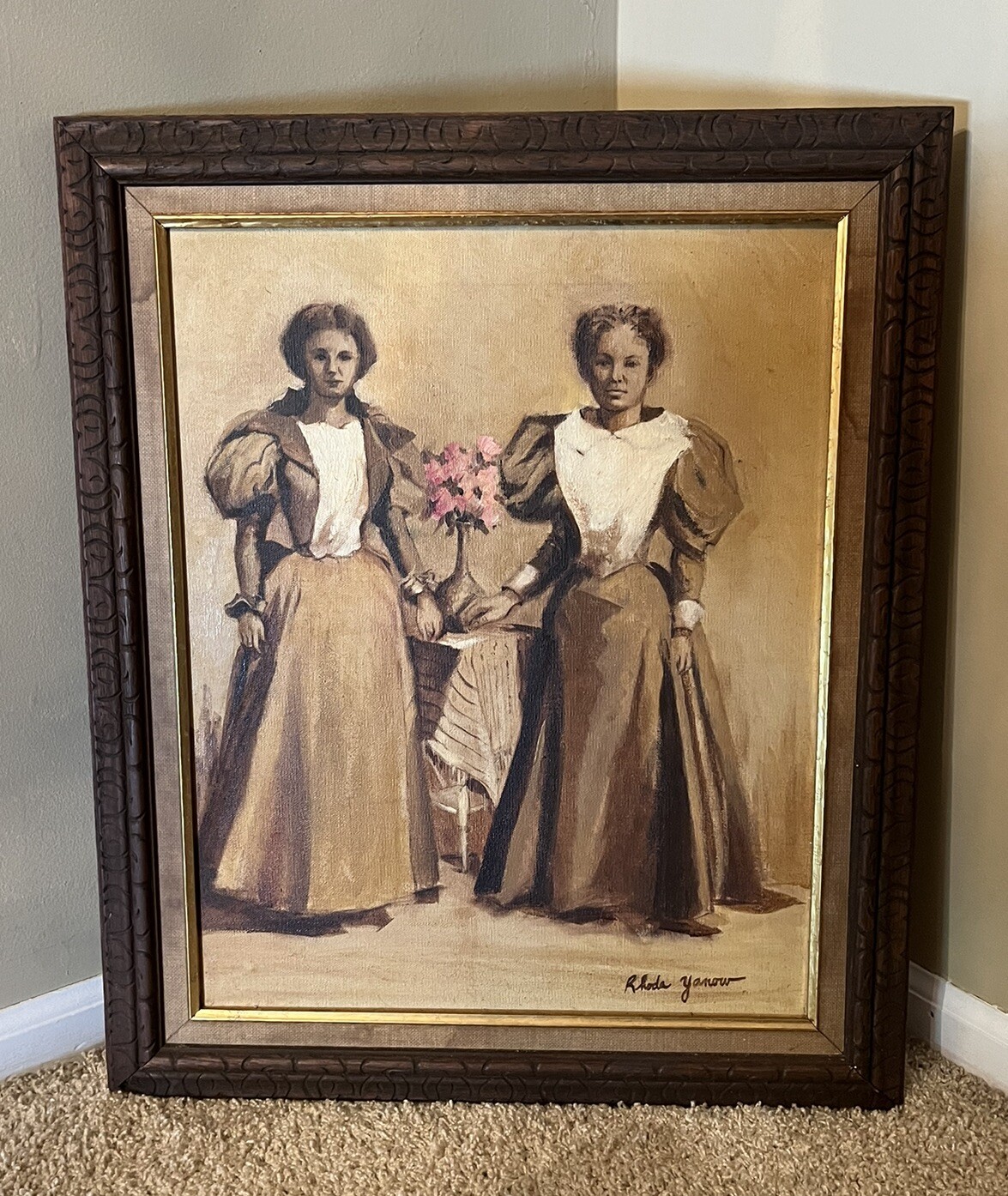 Vintage Oil Painting On Canvas By Listed Artist Rhoda Yanow Black & White Women