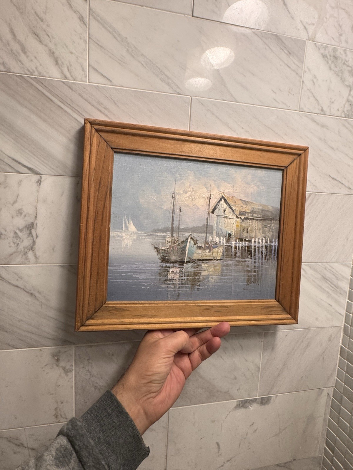 Signed LUNI Original Nautical Boats in Harbor Oil on WOOD Board Framed 12”x10.5”