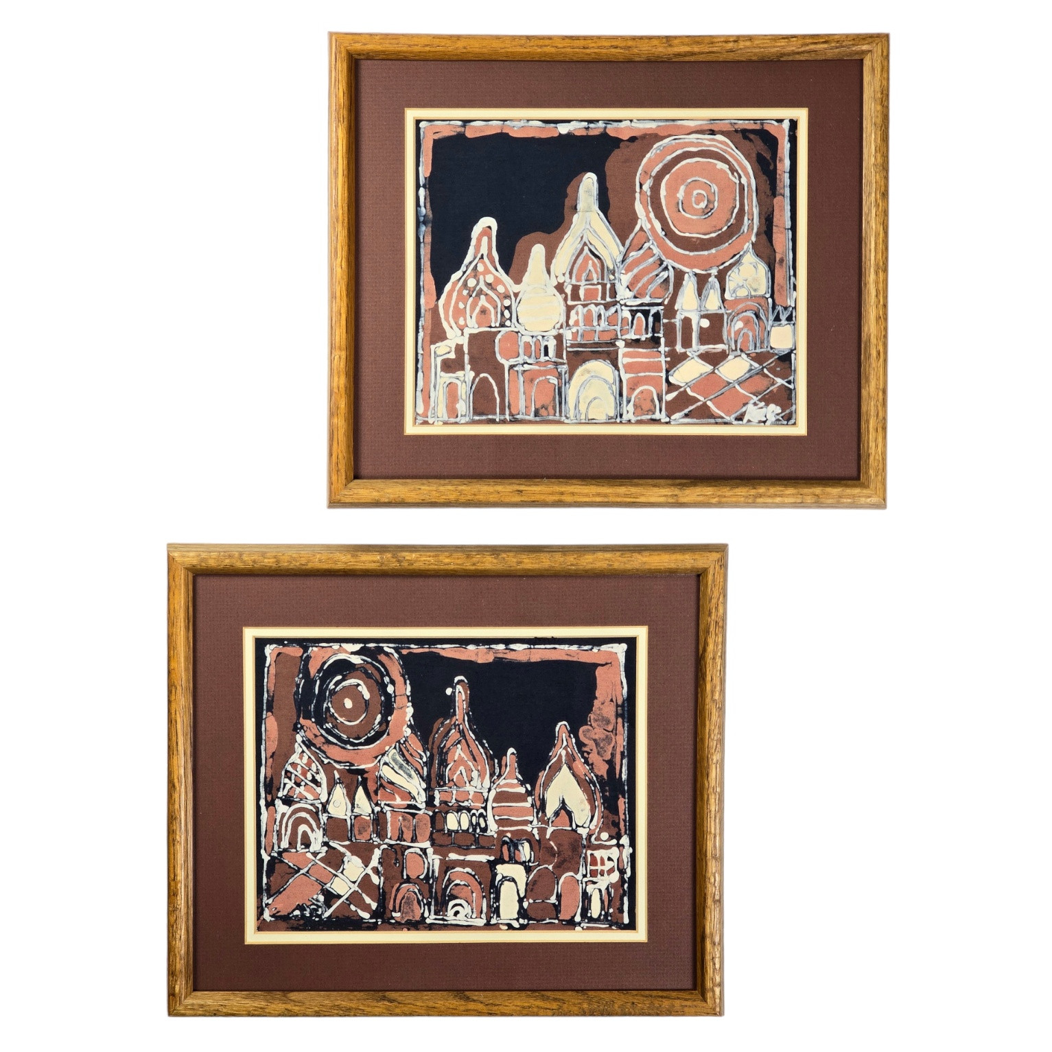 Set of 2 Raw Silk Batik Jarusalem Israel Hebrew Jewish Judaism VTG 1960 Folk Art