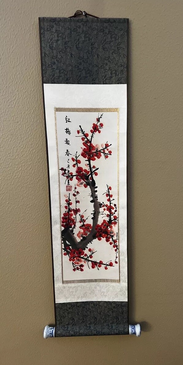 VTG Asian Watercolor Chinese Traditional Flower Of Plum Art on Silk Scroll – 39”
