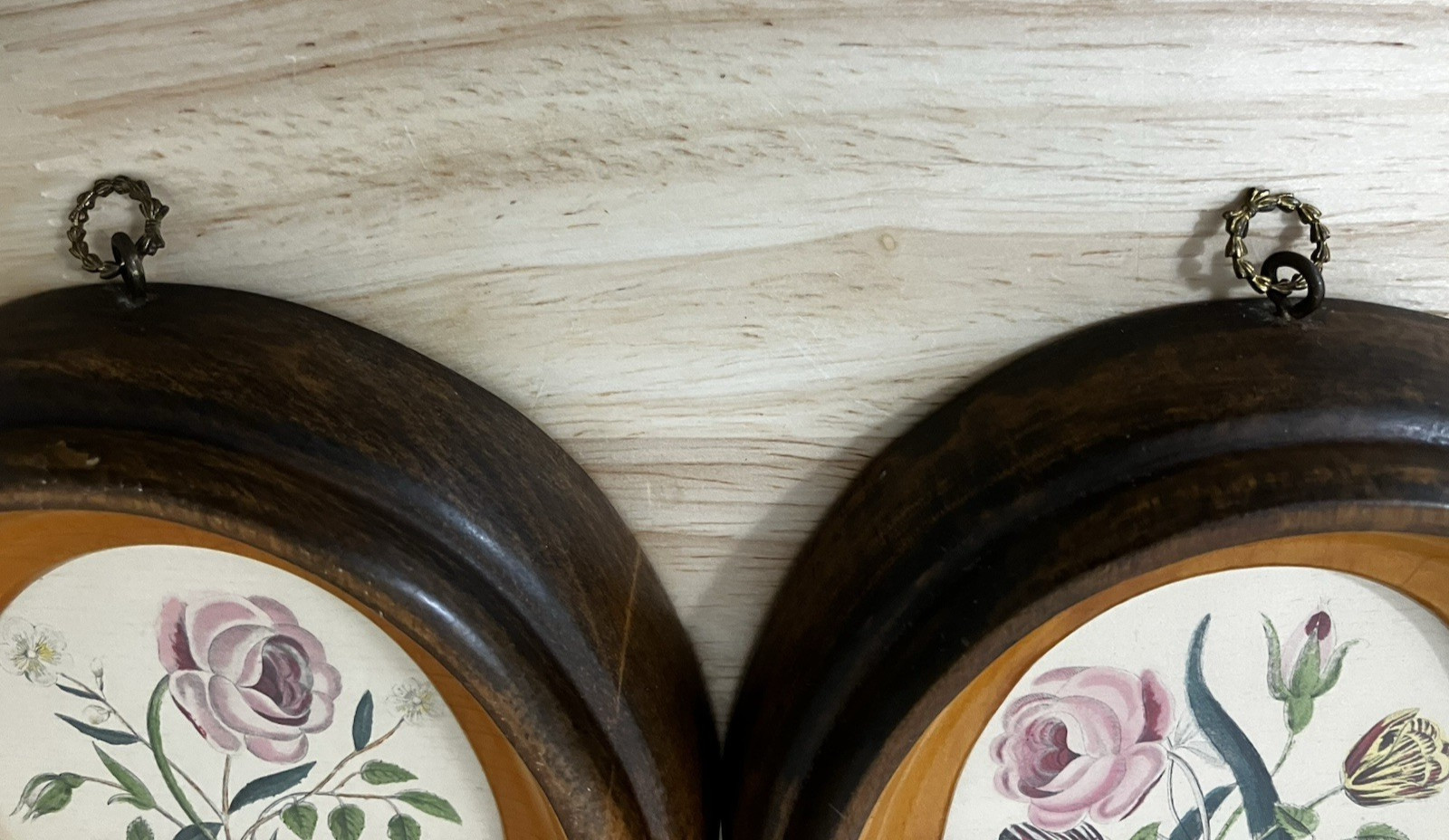 Victorian Paper Theorem Florals Set of 2 Oval Wood Frame w/ Glass ANTIQUE