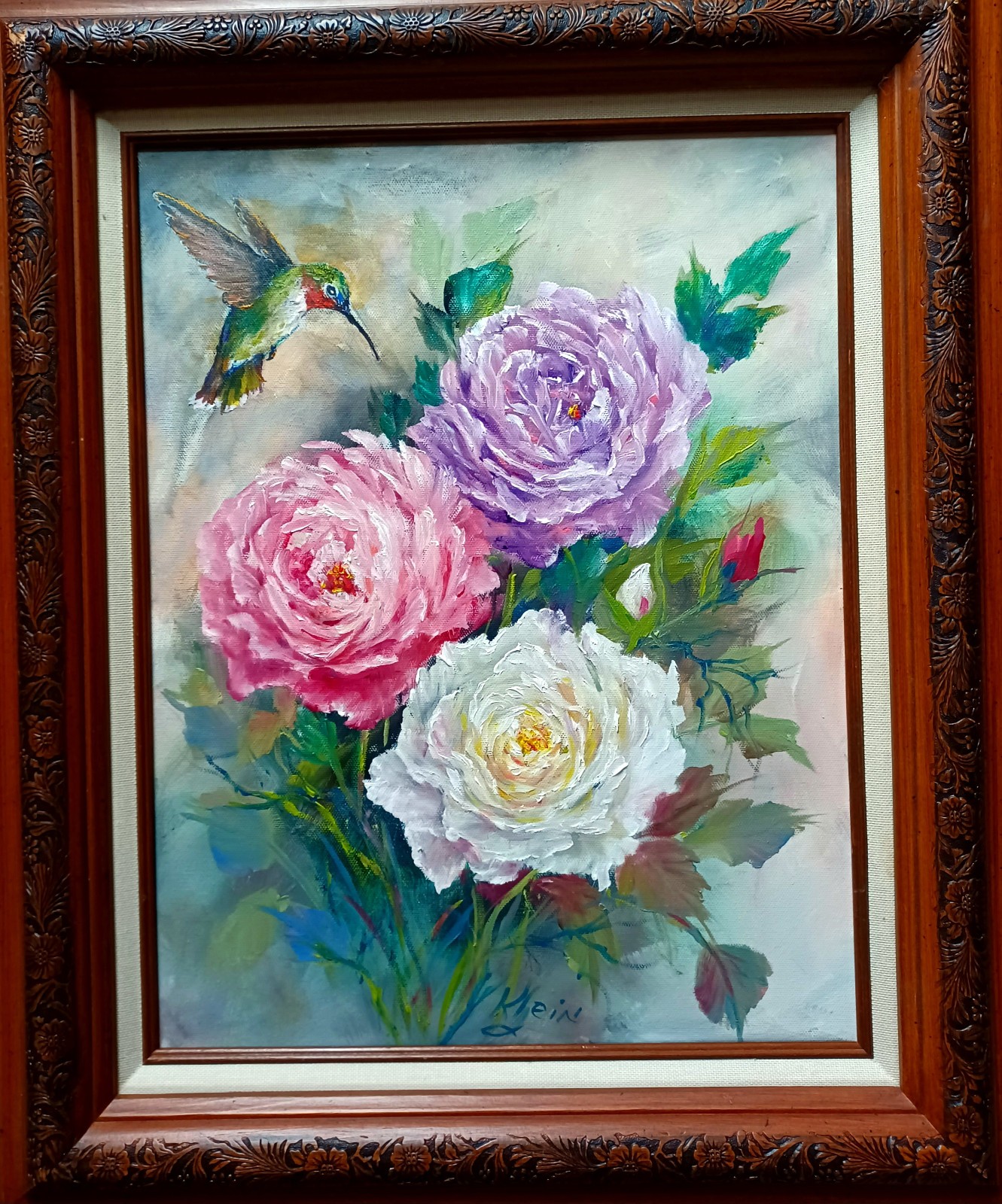 HUM AND MULTI-COLORED ROSES Original Floral 14×18 BIRD PAINTING BY ARTIST KLEIN