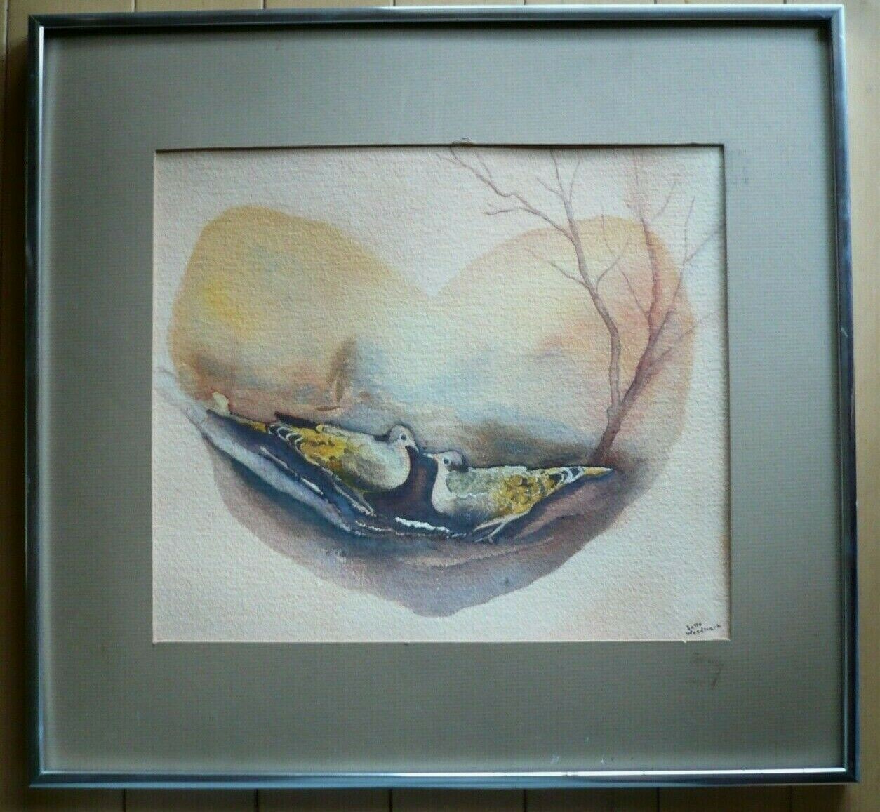 BETTE WEEDMARK, VINTAGE Signed WATERCOLOR BIRDS BIRD ROMANCE FOLK ART PRIMITIVE
