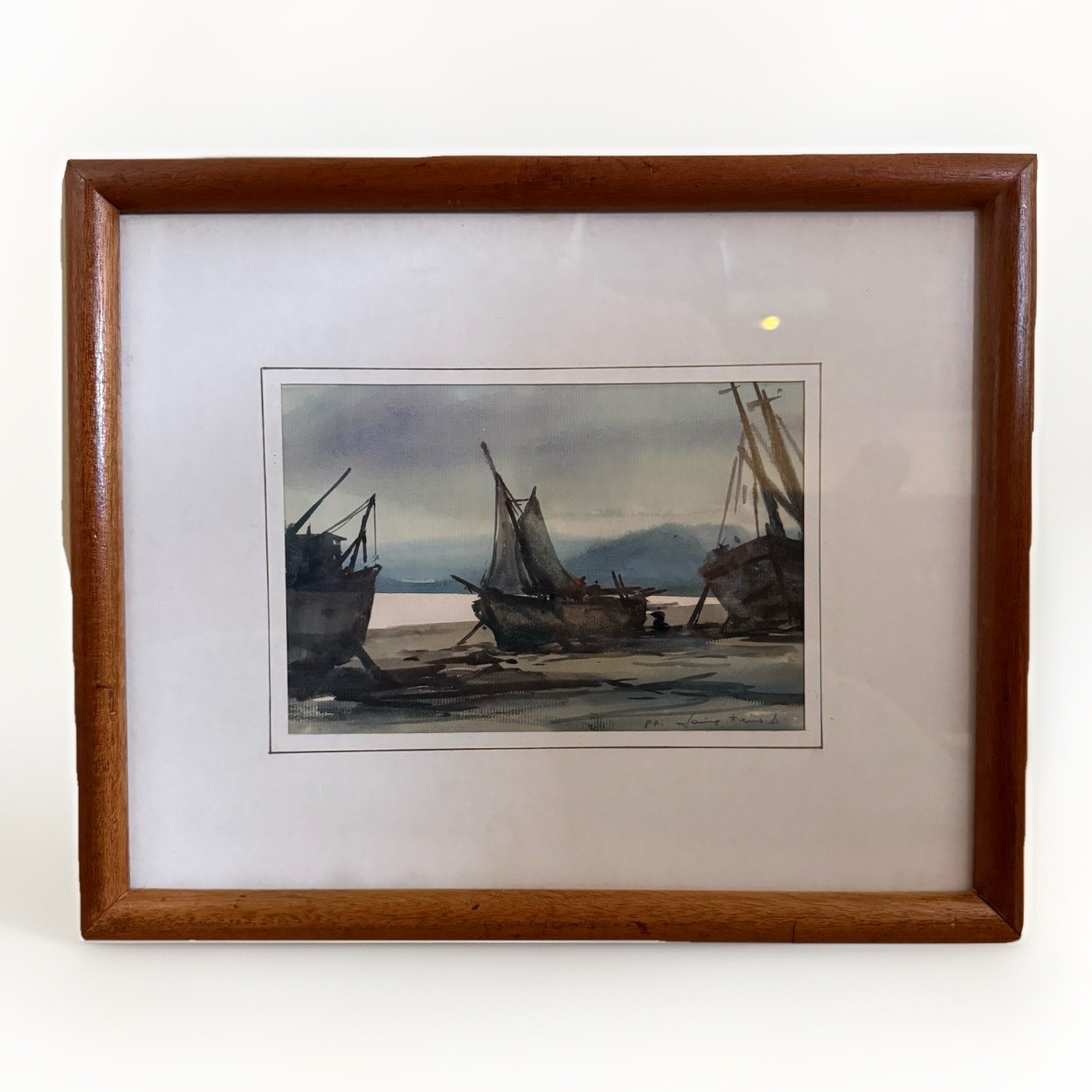 Vtg Original Watercolor Sailboat Painting Harbor Scene Signed Framed 13×16”