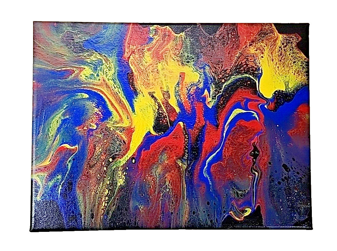 Acrylic Pour Painting Abstract Black Red Yellow Blue 12×9 Unframed OOAK Gift