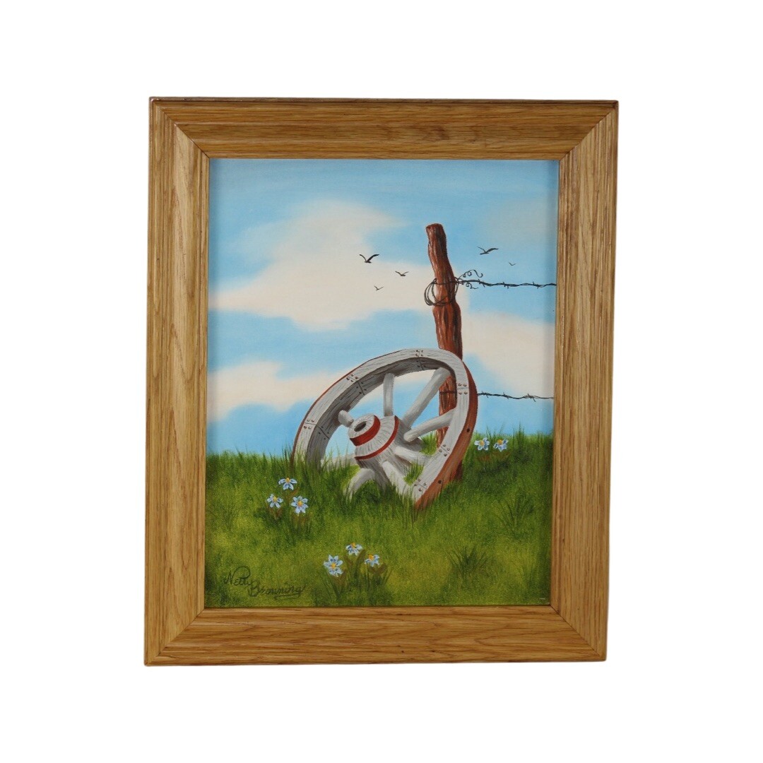 Original Oil Painting Farmhouse Barb Wire Wagon Wheel Oak Frame Signed 11×14 in