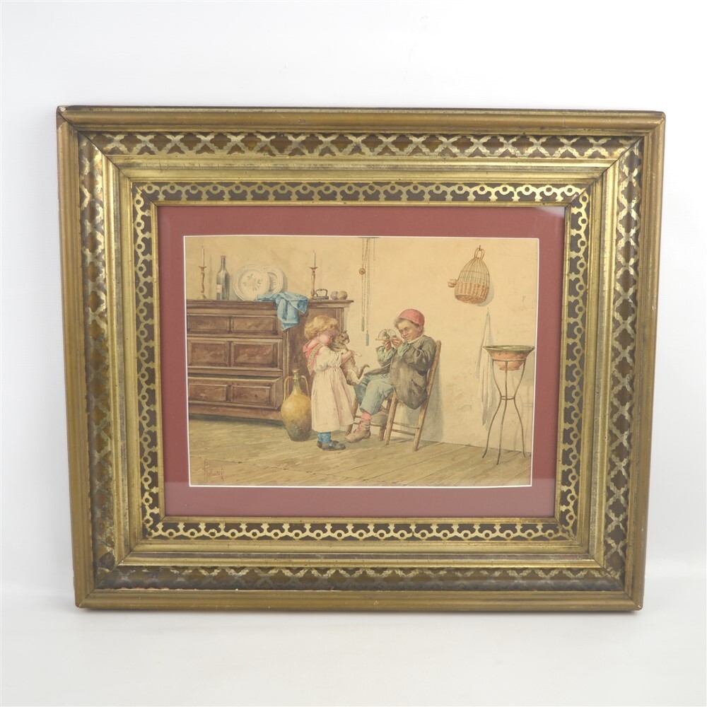Albert Roberti (1811-1864 Belgium) Watercolor Painting Art Cat & Mouse Framed