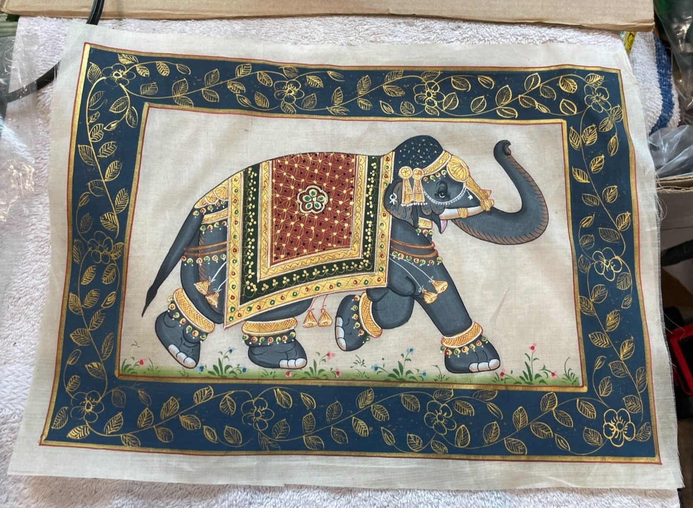 Vintage Hand Painted Asian Trunk Up Elephant on Silk Fabric Framed 10″ x 14″