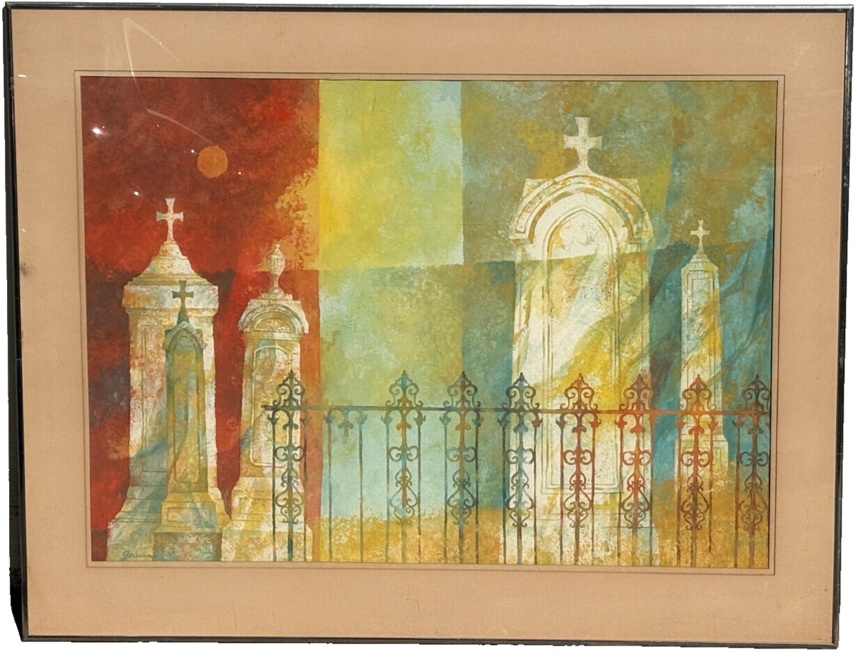 Church Cemetery 21 1/4 x 29 5/8″ Casein Painting-1982-William Gorman-N.J. Listed