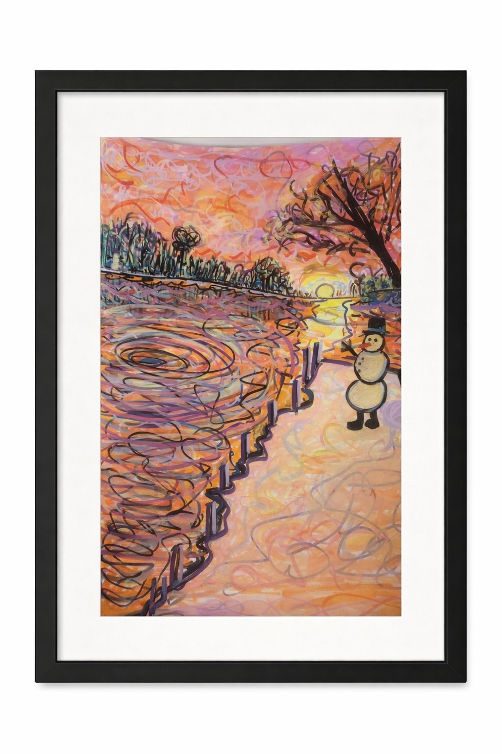 Whimsical Snowman by Lake at Sunset – 11×14 Original Acrylic Painting on Paper