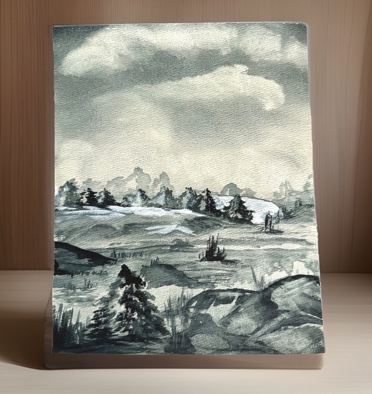 Original Watercolor Painting On Paper 8×10 Moody Black White Landscape Scenery