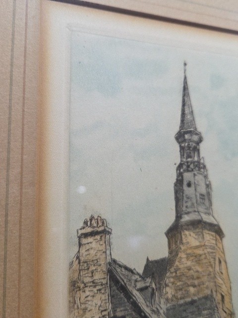 Signed Paul Renard Hand‑Colored Etching – Rouen, France Gothic Cathedral Street