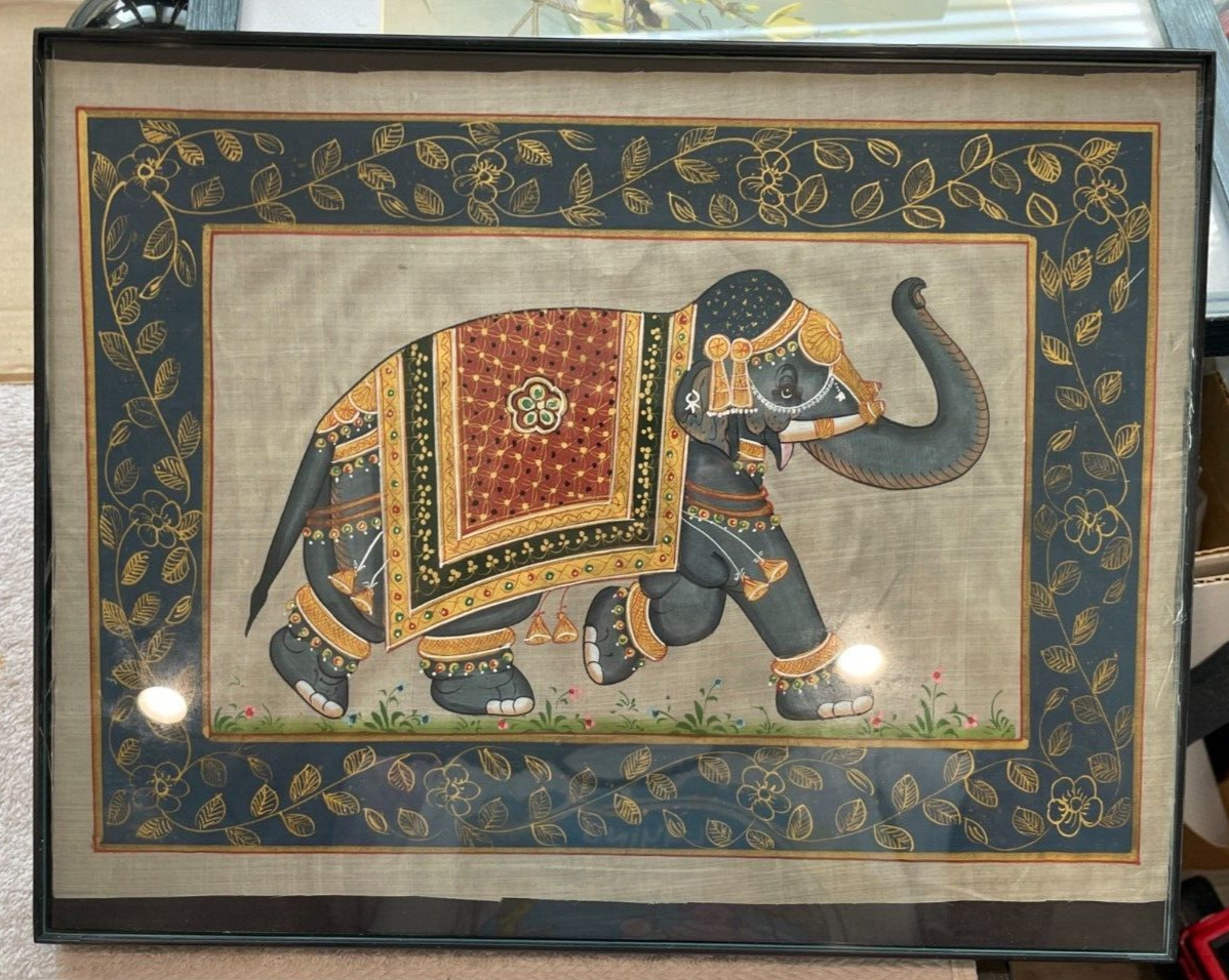 Vintage Hand Painted Asian Trunk Up Elephant on Silk Fabric Framed 10″ x 14″