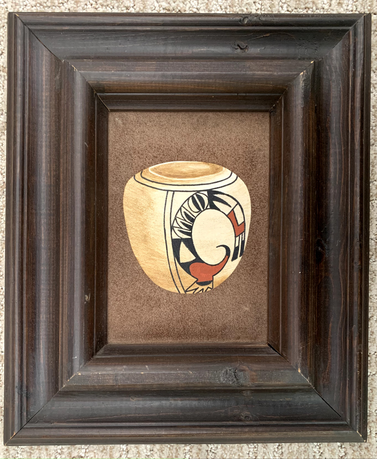 Erv Johnson Native American Acrylic on Suede Leather Nampeyo Hopi Bowl, Signed