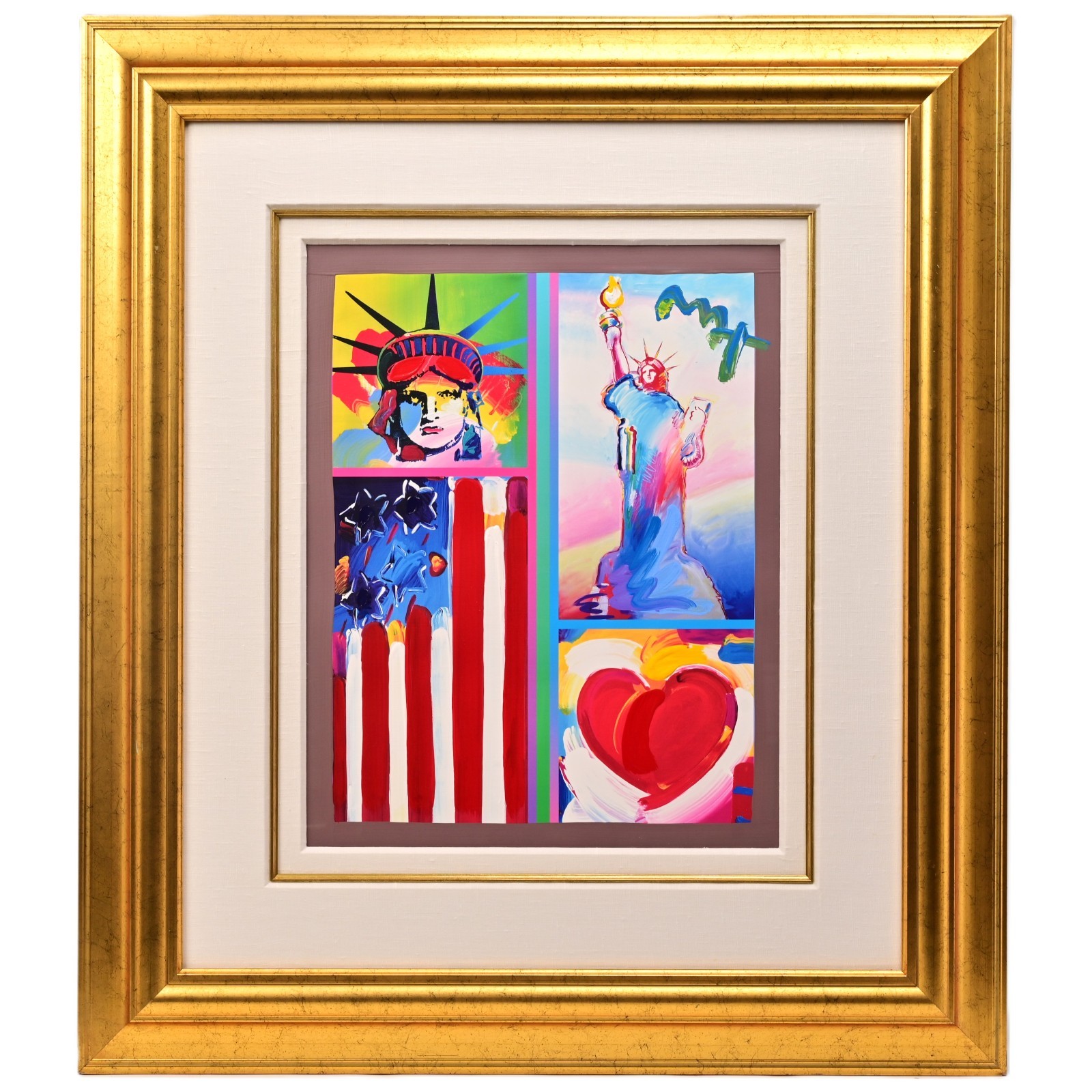 PETER MAX Original Vintage Signed Mixed Media Lady Liberty Flag & Heart Painting