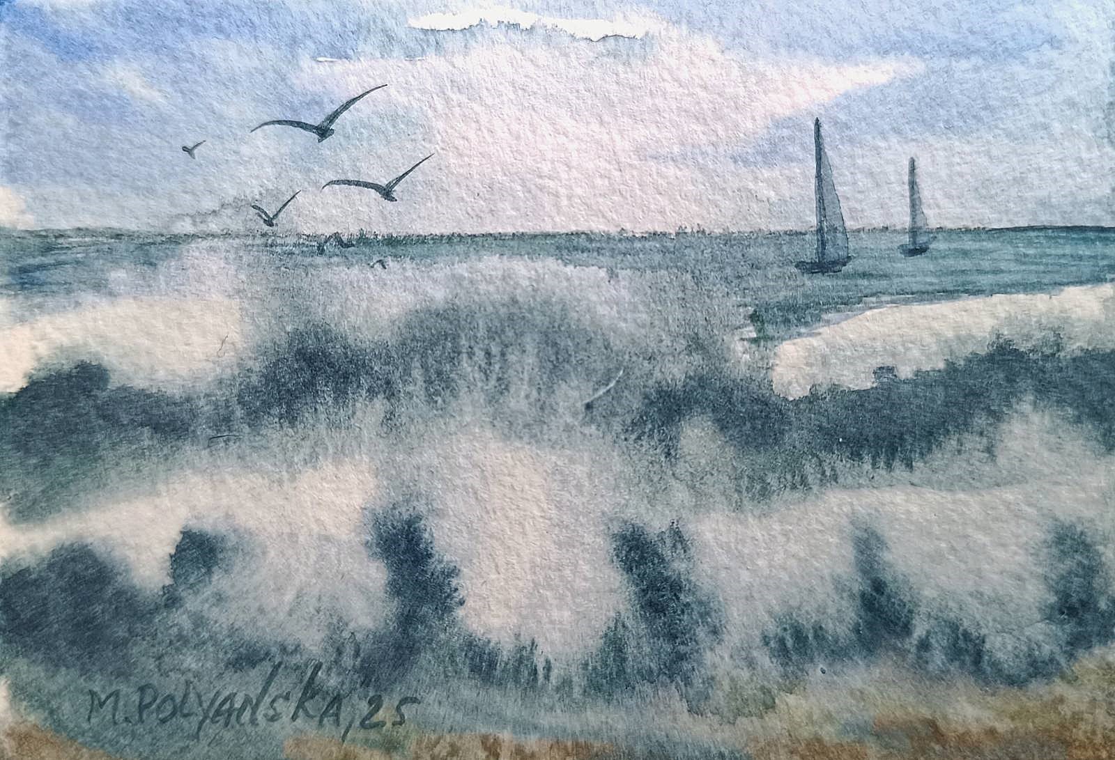 BIRDS BOATS WAVES Original Modern Art Painting Landscape Seascape Gift ACEO 3×4″