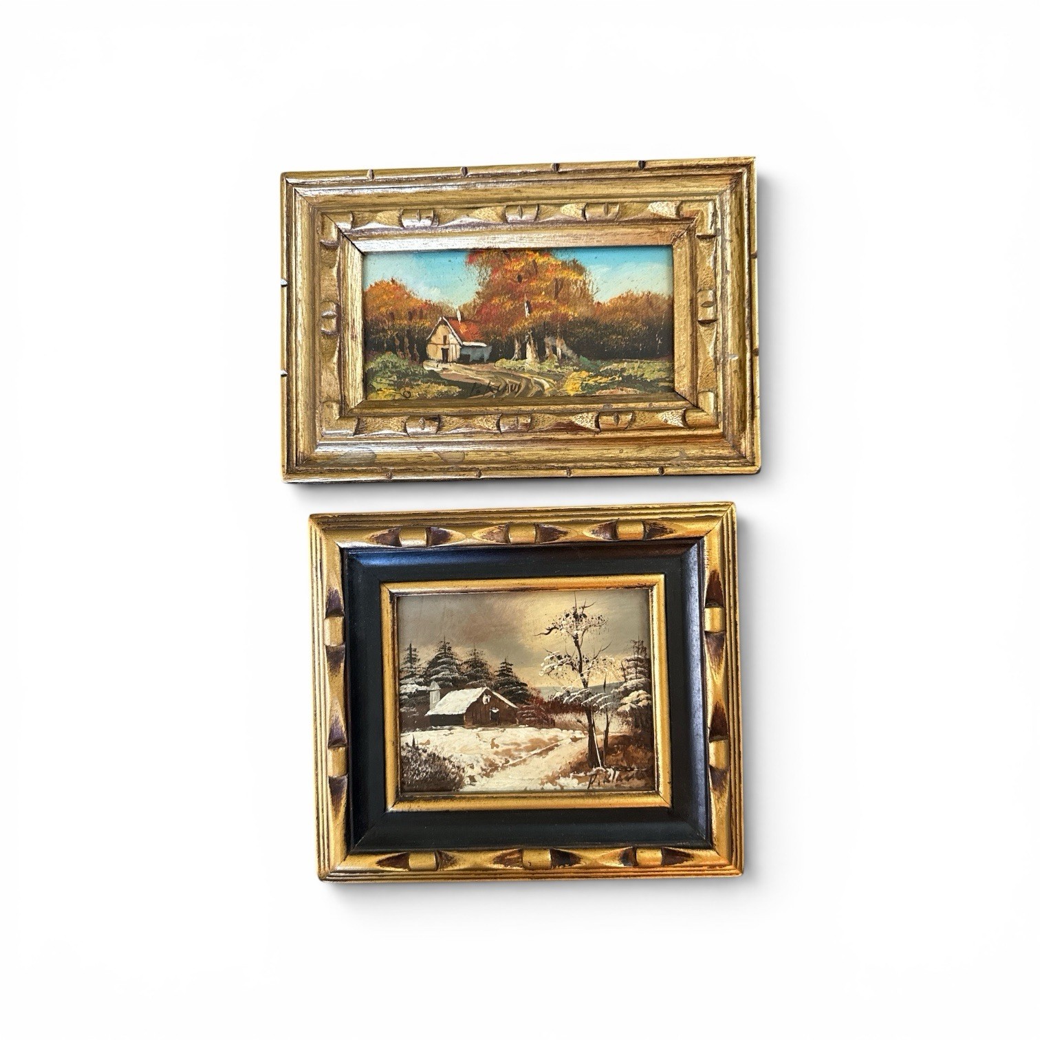 2 Signed P. Klaus Miniature Oil Paintings On Board Country Cottage Trees Framed