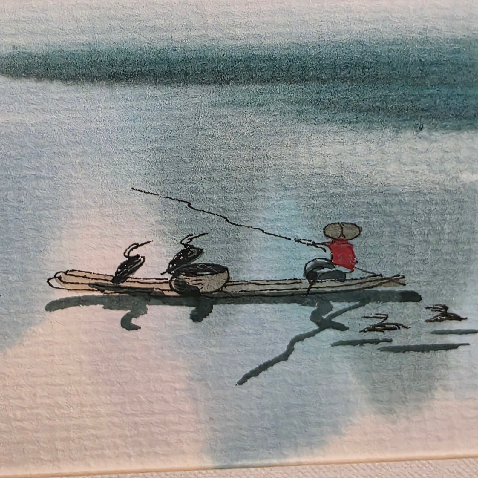 Chinese Cormorant Fishermen Watercolor Painting Signed 2005 Framed Museum Glass