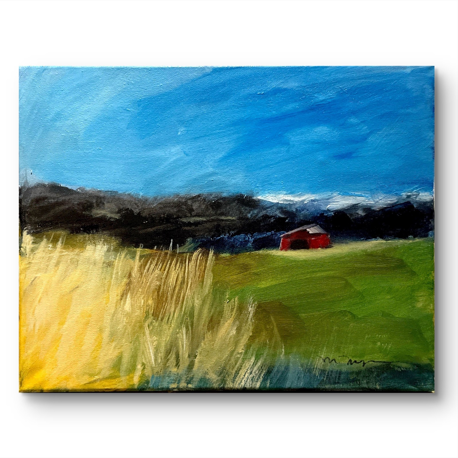 Mary Myers Original Acrylic Red Barn Field Landscape 11×14 Canvas