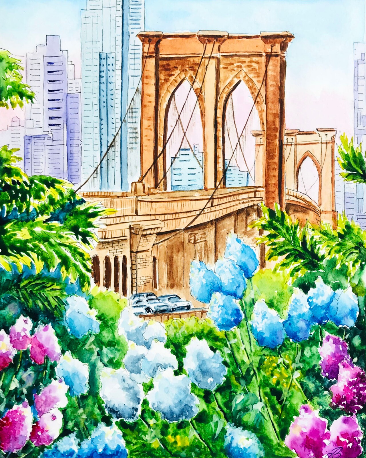 Original Art New York City Watercolor Brooklyn Bridge Painting NYC 12 x 9″
