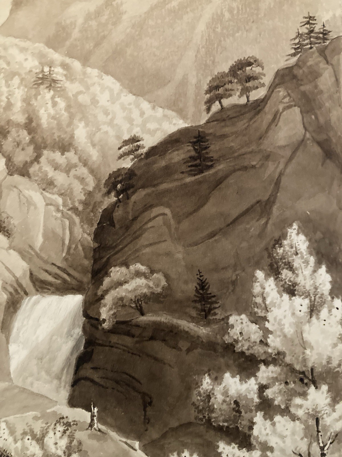 Very Nice Drawing Xixth 1830 Ink Lavis Painting Swiss? Cascade Antique Alps