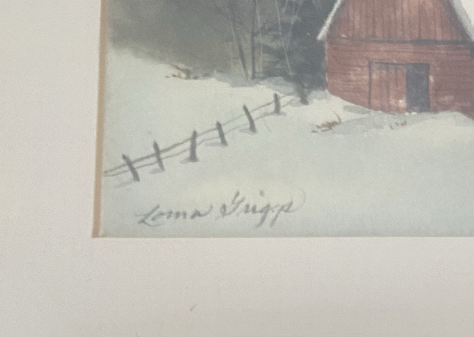 Original Watercolor Framed Matted Winter Red Barn Signed Lorna Griggs