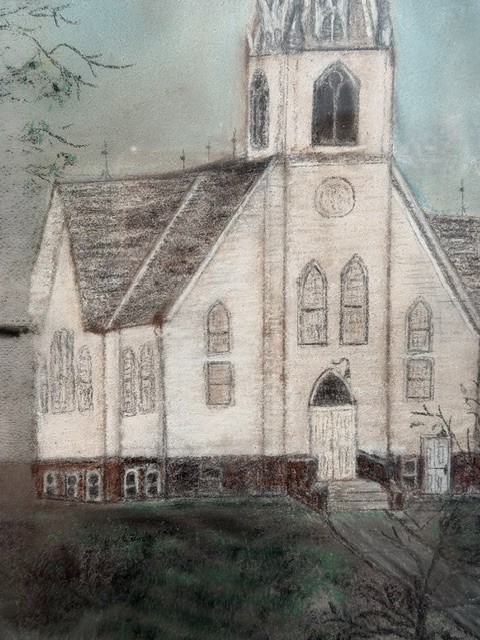 VINTAGE ORIGINAL PENCIL/CHALK FRAMED PAINTING WHITE STEEPLE CHURCH SCENE ARTWORK