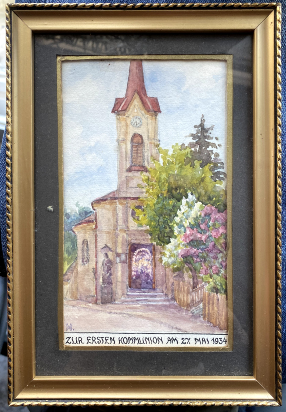 Watercolor Church Gate Portal Souvenir First Communion May 27, 1934 Antique