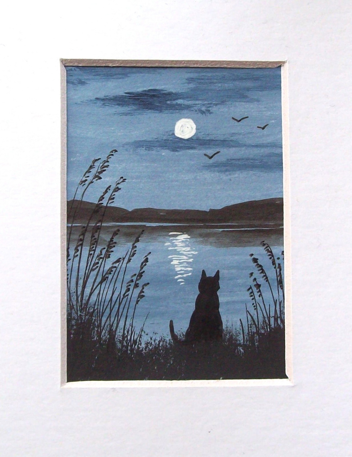 ACEO ORIGINAL HAND PAINTED SIGNED # CAT WATCHING THE MOON # LANDSCAPE PAINTING