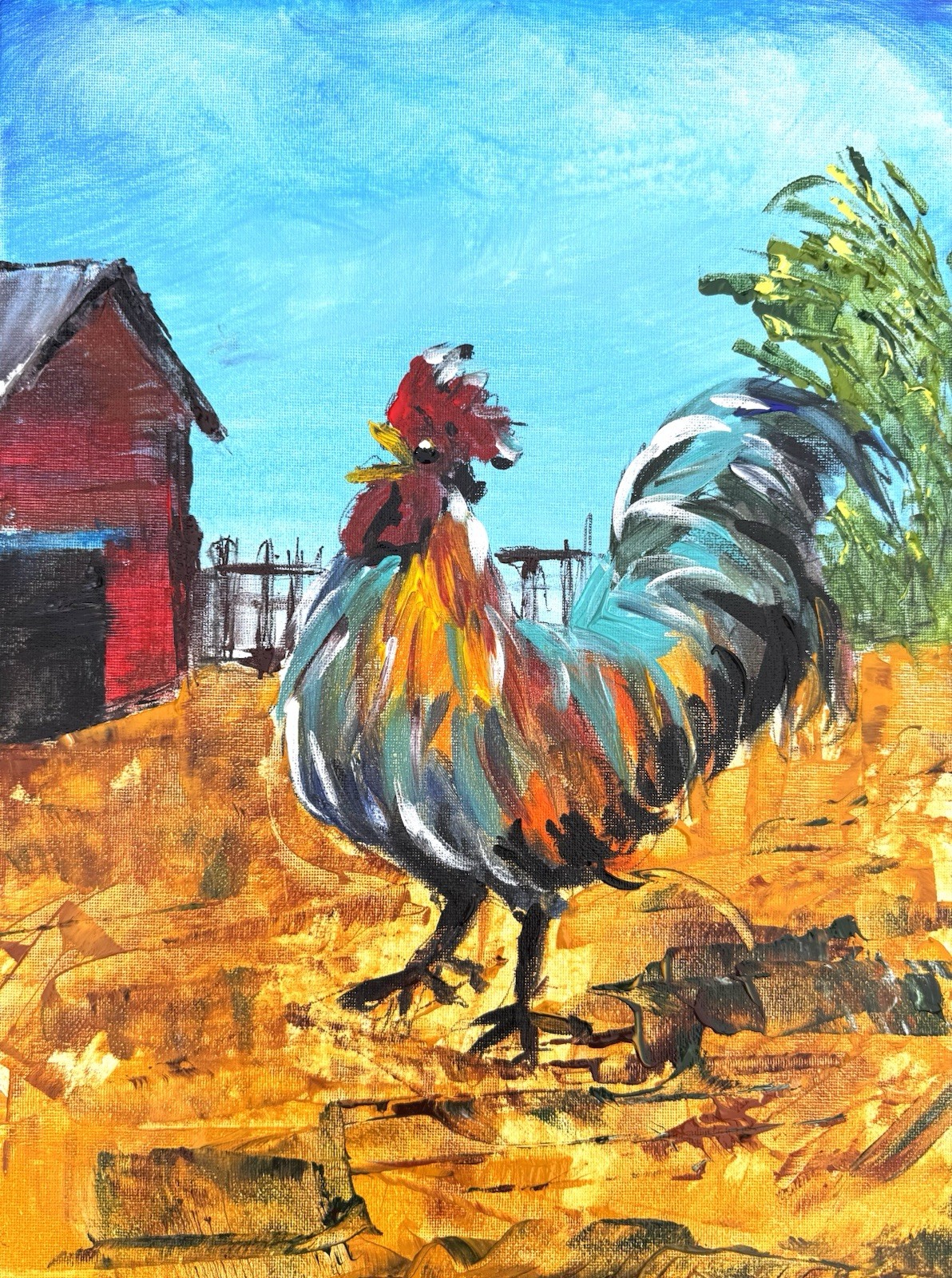 Original Fine Art 12×16 Rooster Abstract Expressionism Multicolor Signed 413