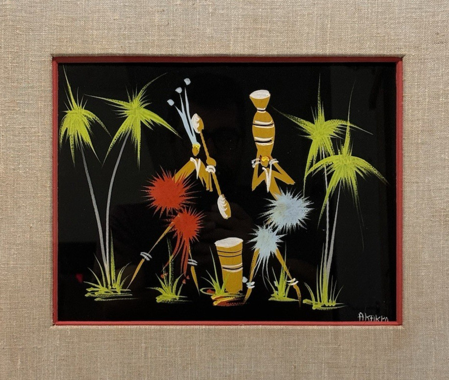 Original Signed African Folk Art Framed Matted Painting, Vintage Decor Gifts