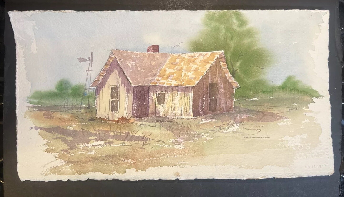 Original Watercolor Art Homestead Landscape on Arches Cotton Paper Signed 15”x8”