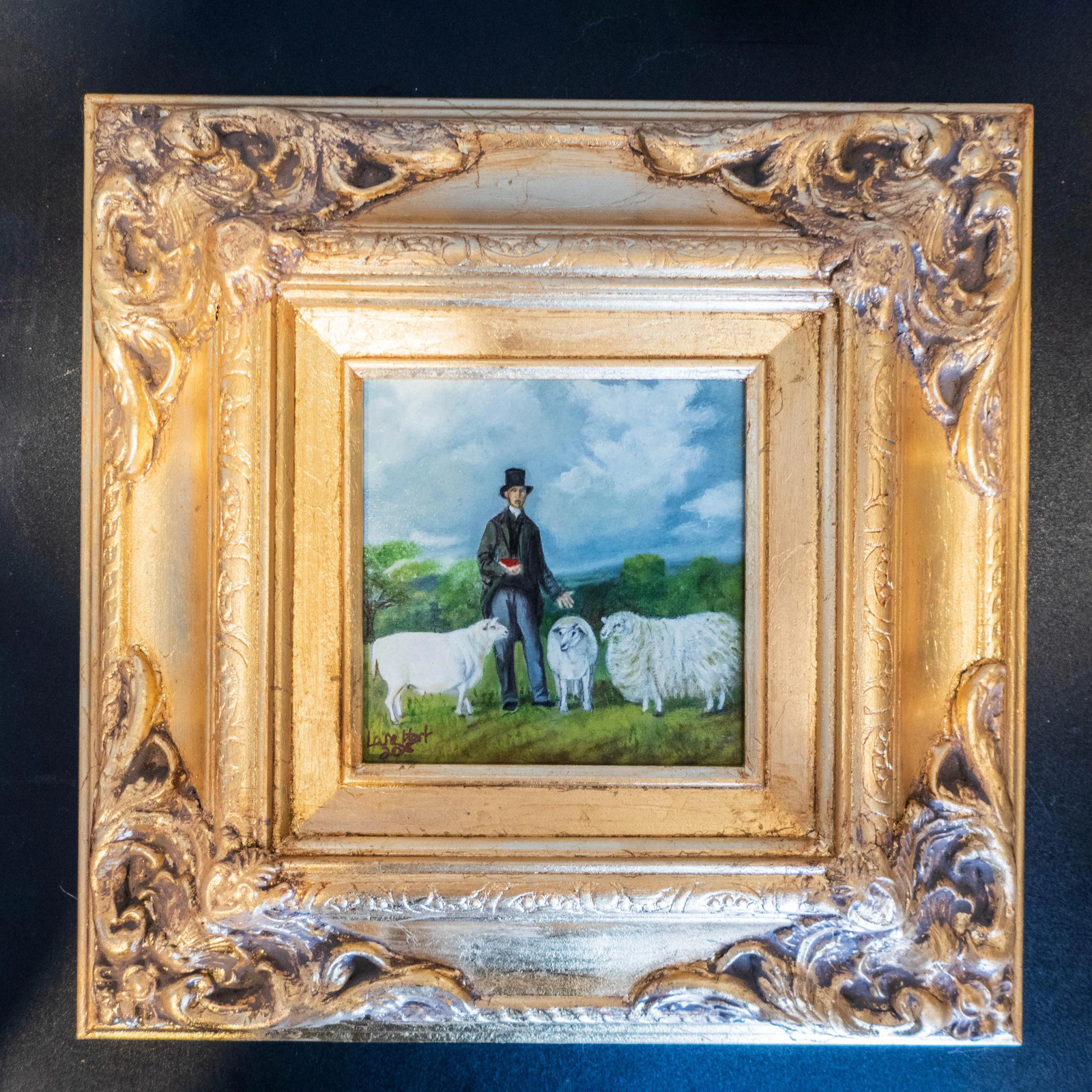 Framed Oil Painting Man and Sheep Pastoral Antique Style Hand Painted