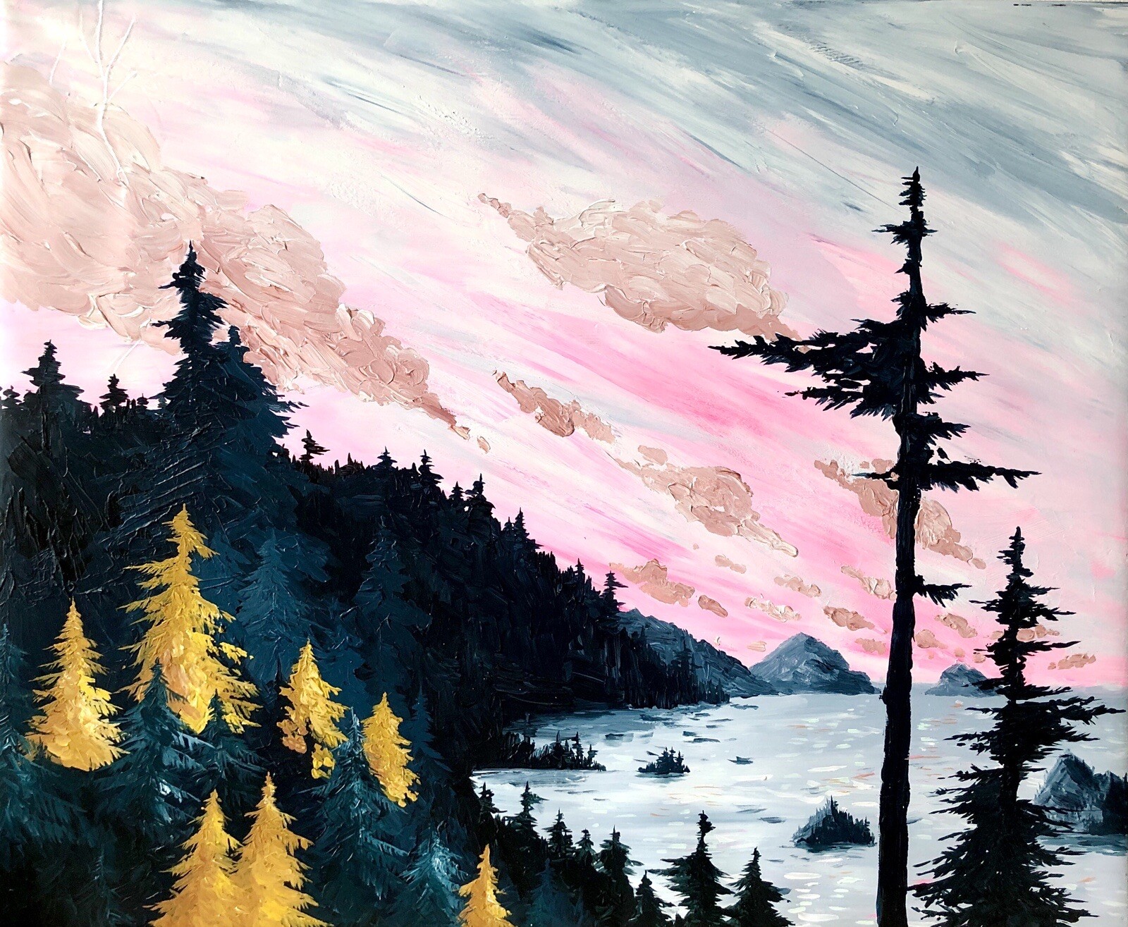 GOLDEN PINES ALONG THE COAST ORIGINAL ACRYLIC PAINTING 28×34 Inch