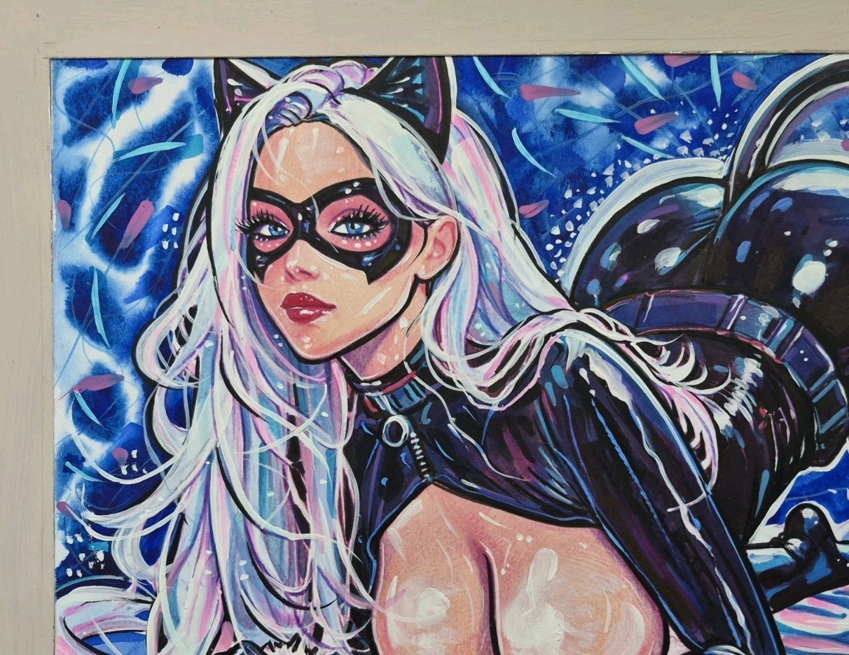 Original Painting A4 Felicia Hardy Black Cat Fan Art Woman Figure Marvel Comics