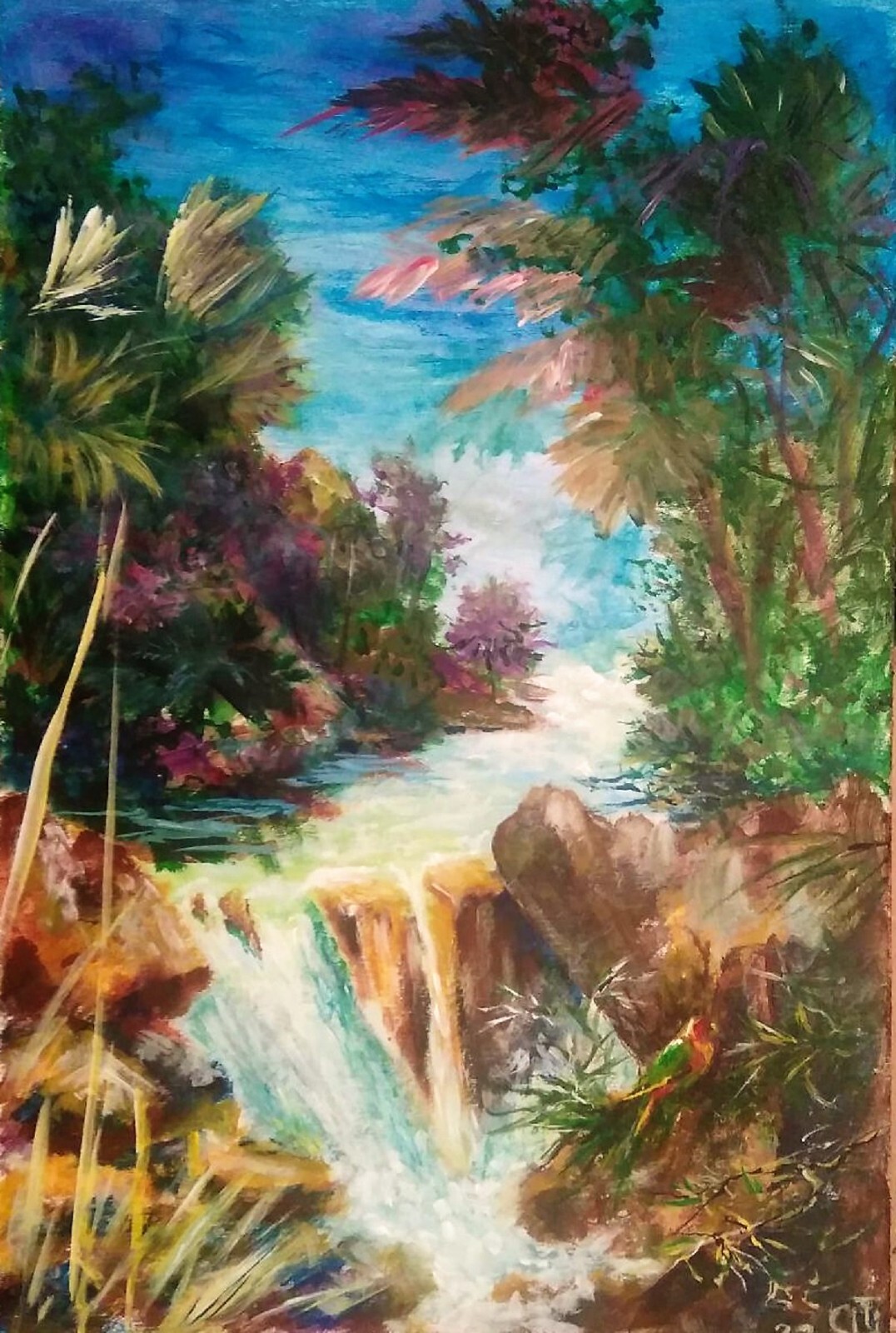 Painting «Tropics». Acrylic on cardboard. 8×12 in. Handmade. 2022