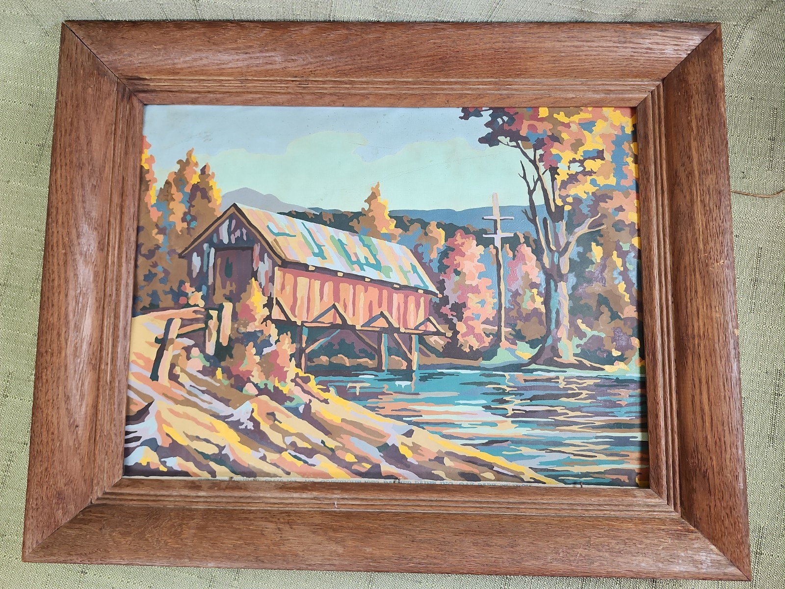 Vtg Wood Frame Fall Landscape Painting, Muted Colors, Covered Bridge in Autumn