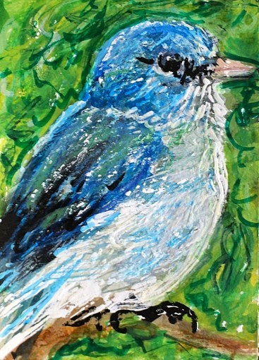 ORIGINAL ACEO PAINTING Blue BUNTNG Spring BIRD Landscape Nature Leaves ATC ART
