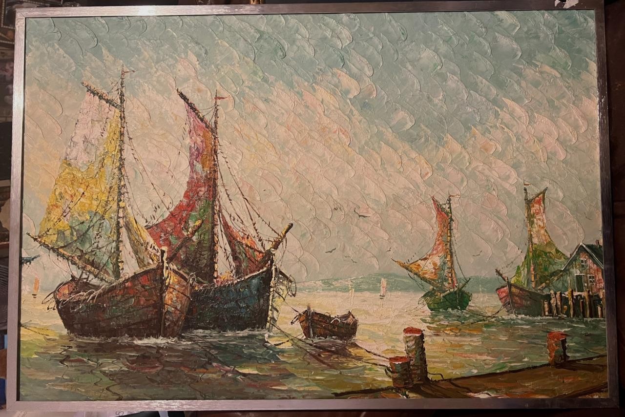 Nautical Coastal Landscape Impressionist Oil Painting Ships Boats Seascape Docks
