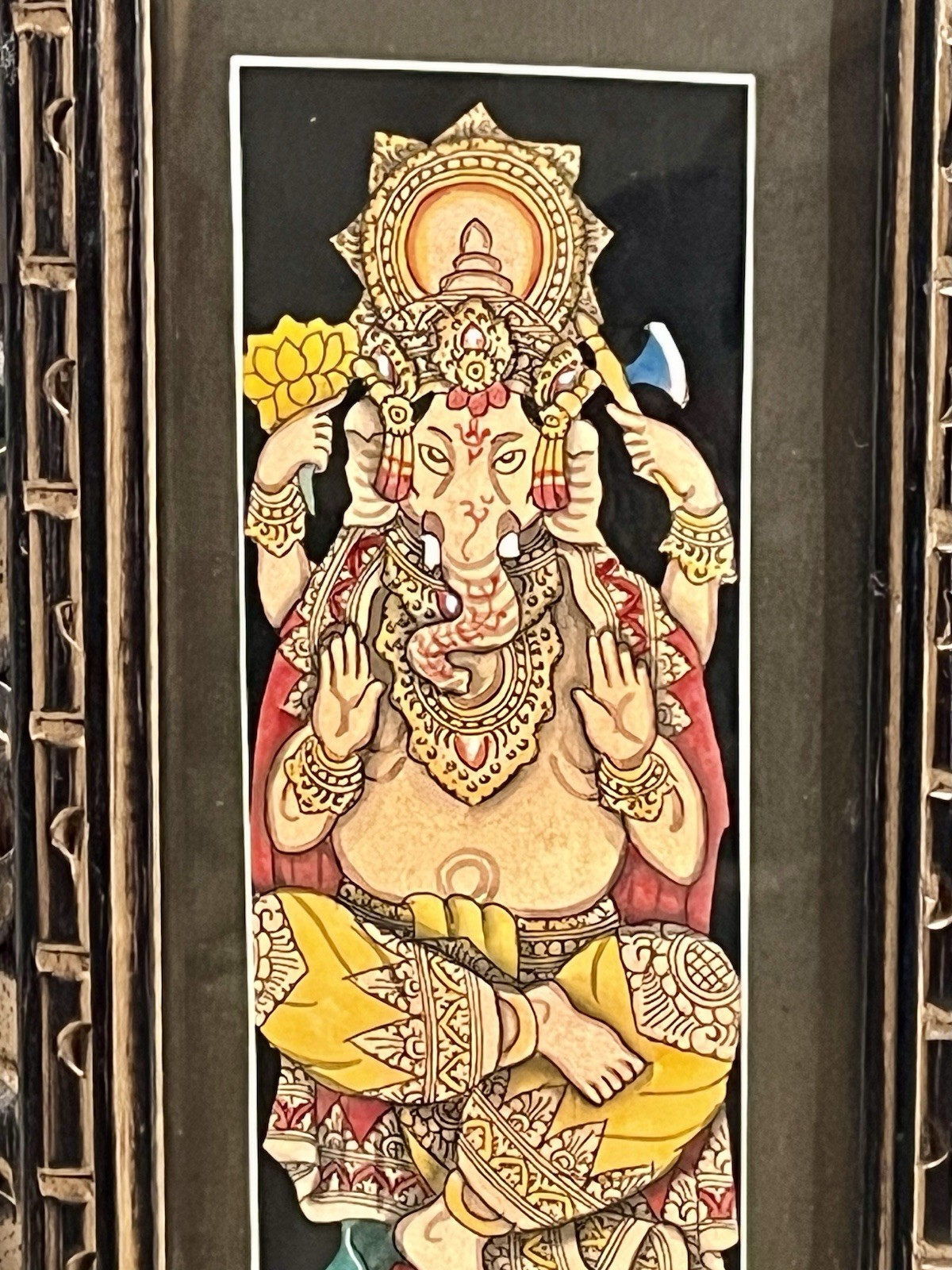 Ganapati Ganesha Water Color Art Hindu Religious Art Carved Wood Frame 13”x 7”