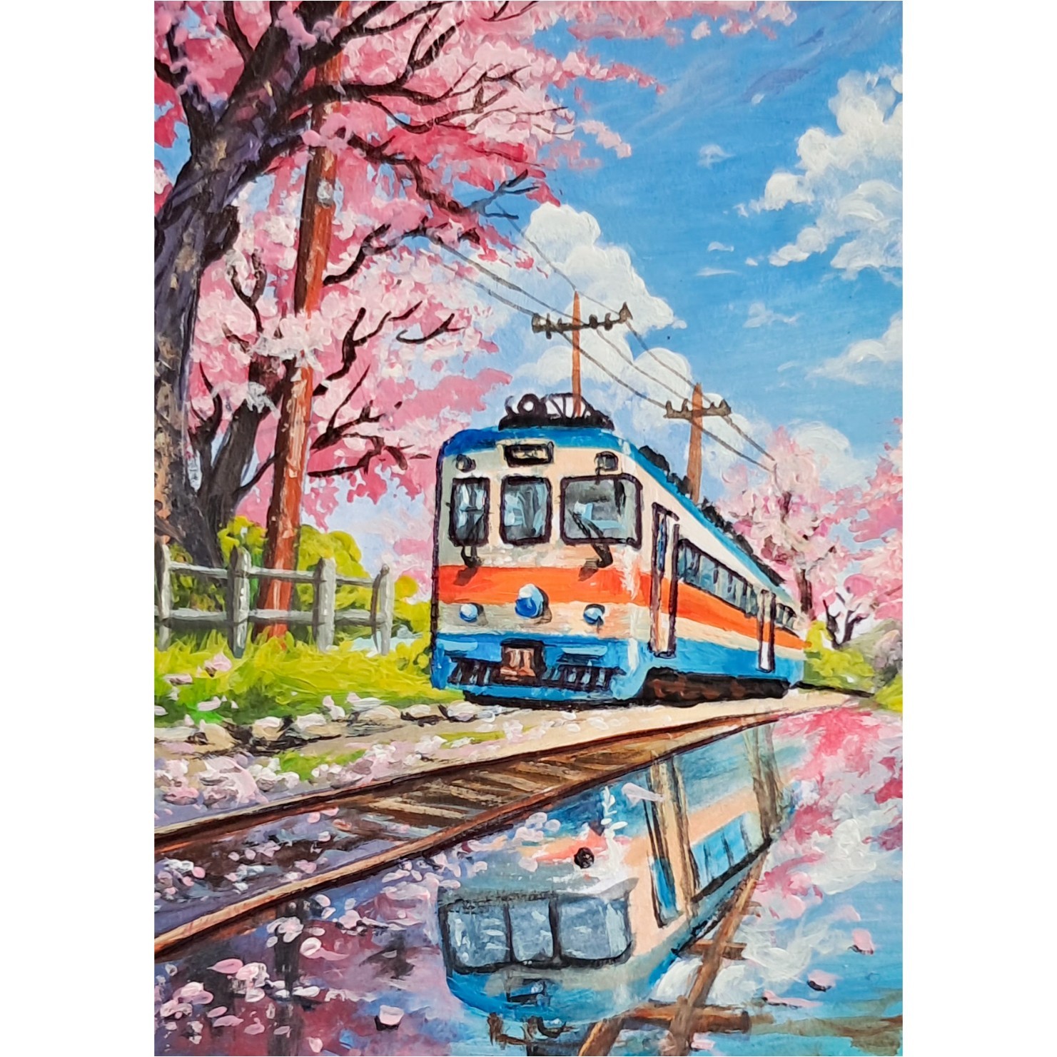 Original ACEO Acrylic Train Painting Cherry Blossom Landscape Mini Art OOAK