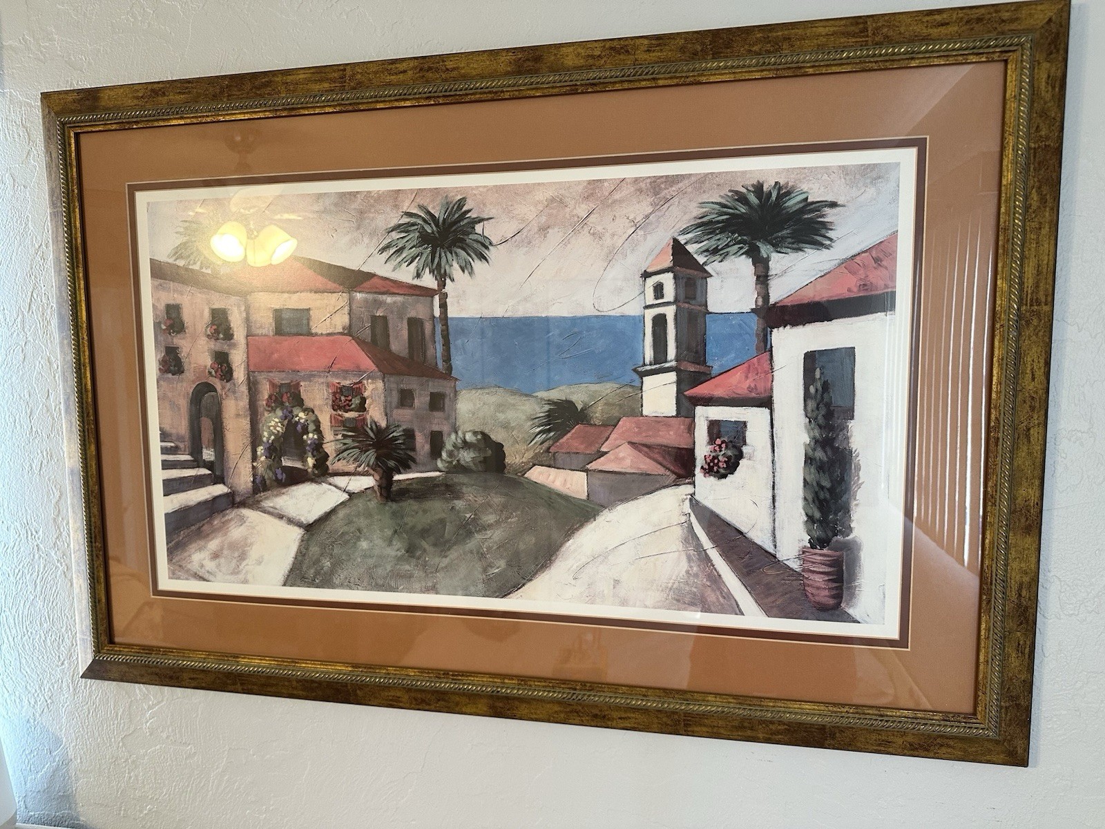 Palisades art print, Mediterranean coastal scene with buildings and palm trees